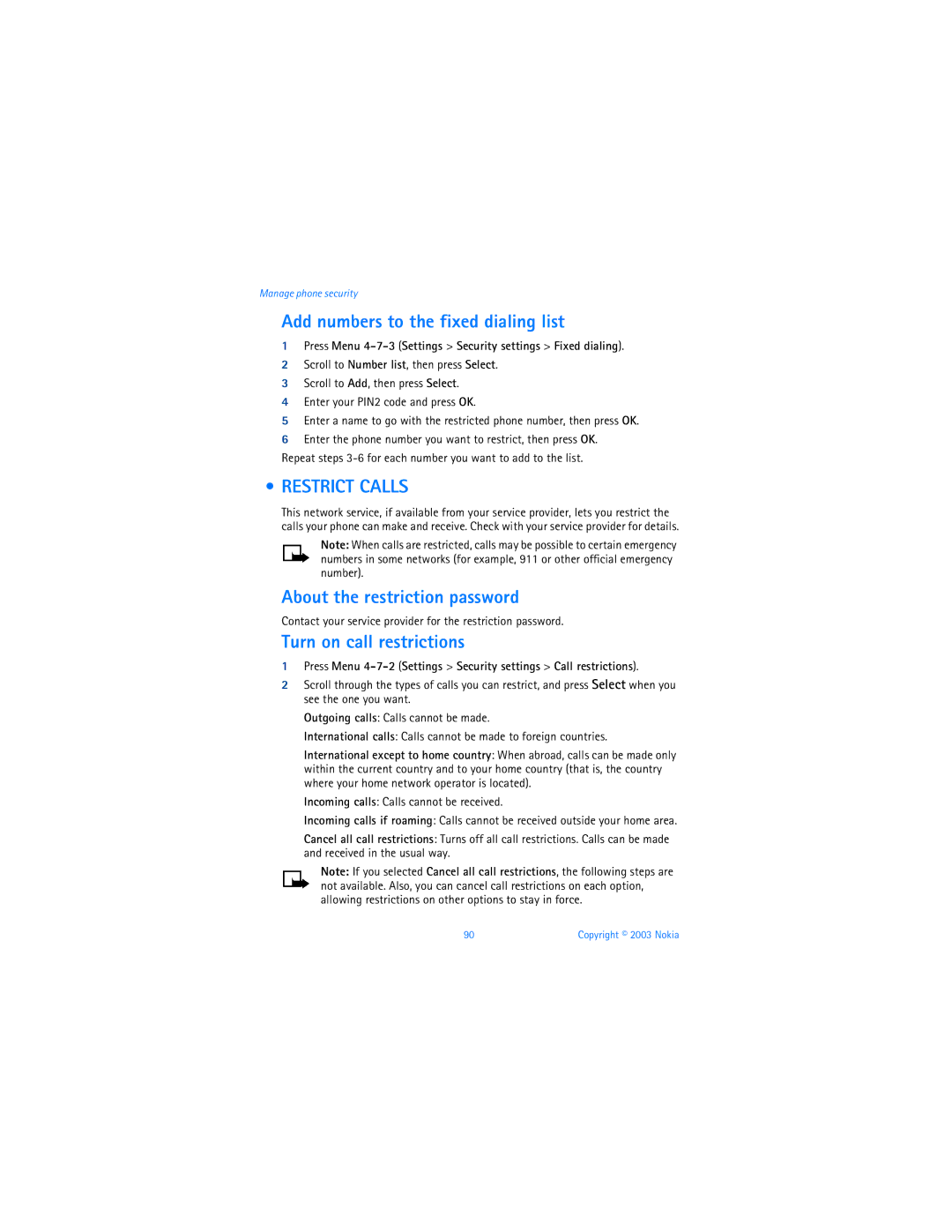 Nokia 3595 manual Add numbers to the fixed dialing list, Restrict Calls, About the restriction password 