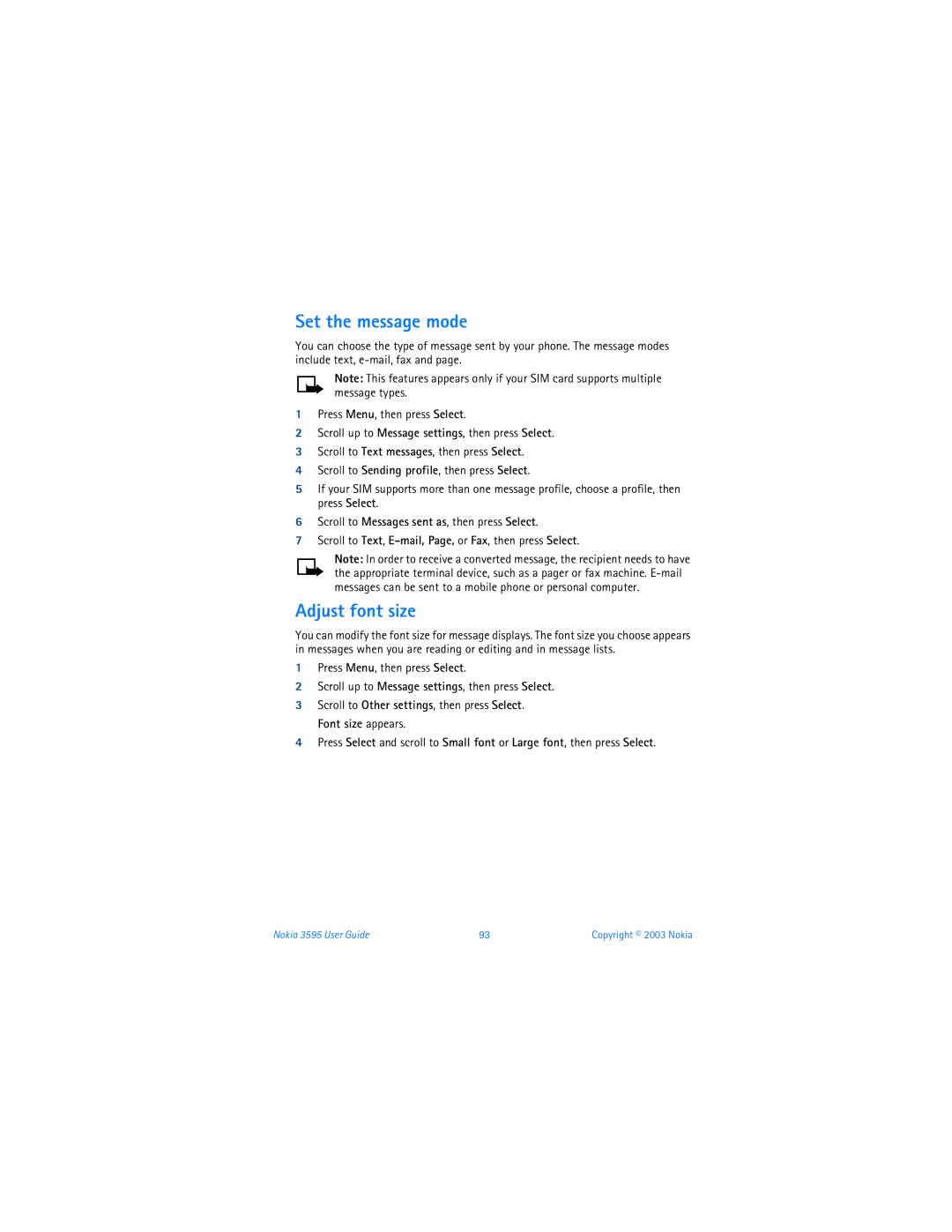 Nokia 3595 manual Set the message mode, Adjust font size 