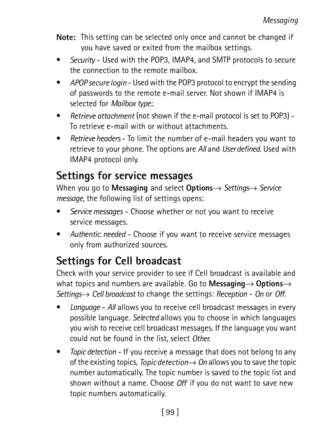 Nokia 3600 specifications Settings for service messages, Settings for Cell broadcast 