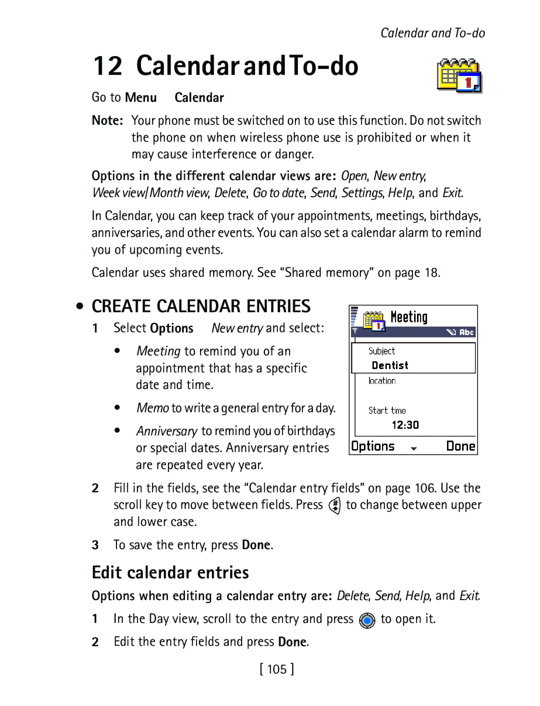 Nokia 3600 specifications Calendar and To-do, Create Calendar Entries, Edit calendar entries 