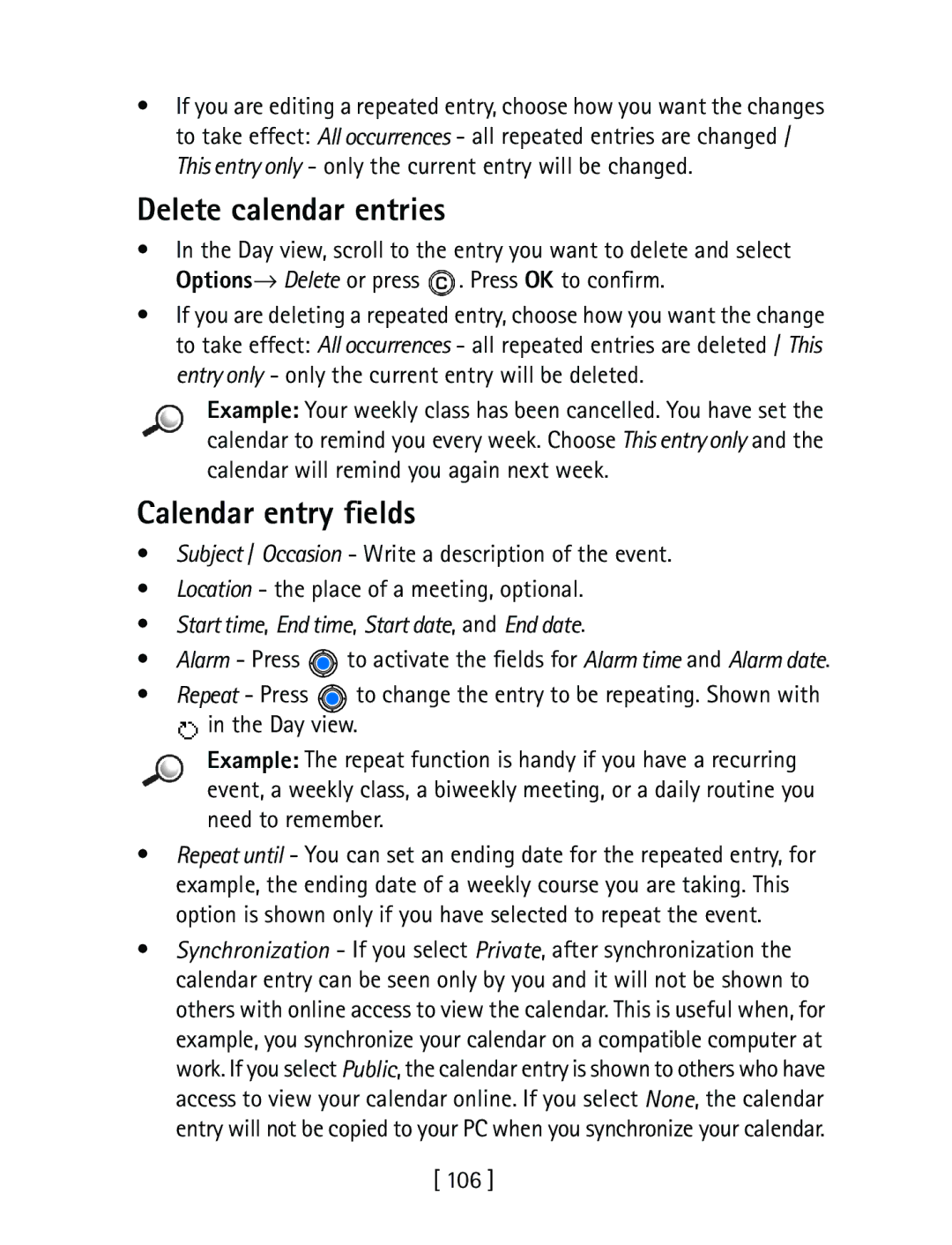 Nokia 3600 Delete calendar entries, Calendar entry fields, Start time, End time, Start date, and End date, 106 