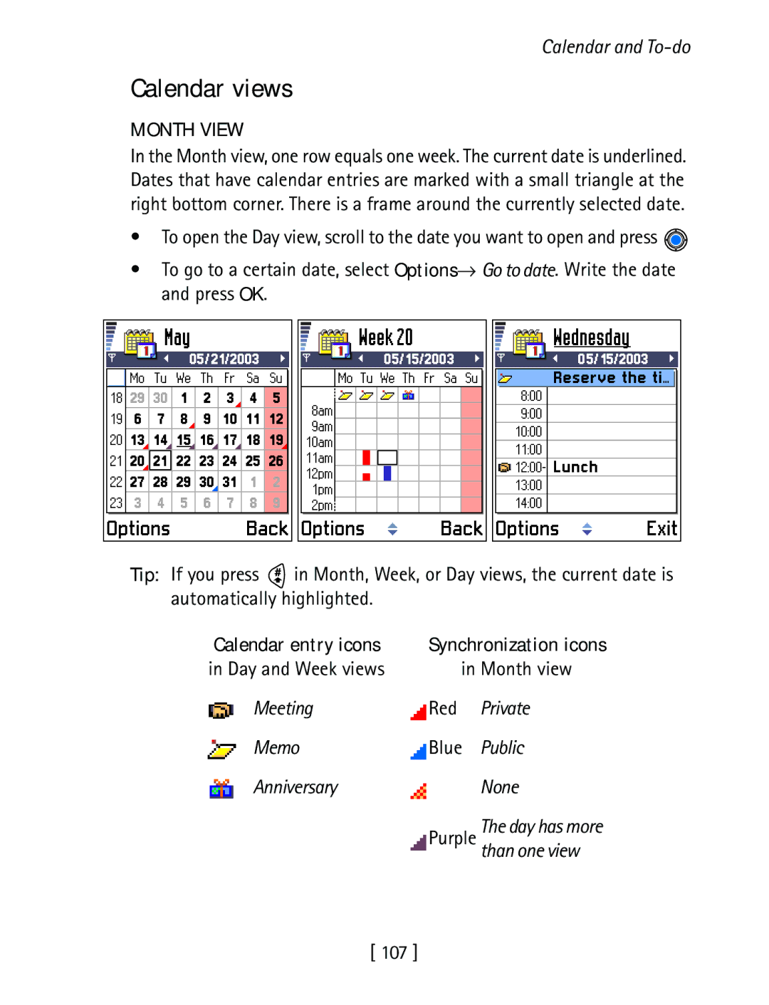 Nokia 3600 specifications Calendar views, Month View 