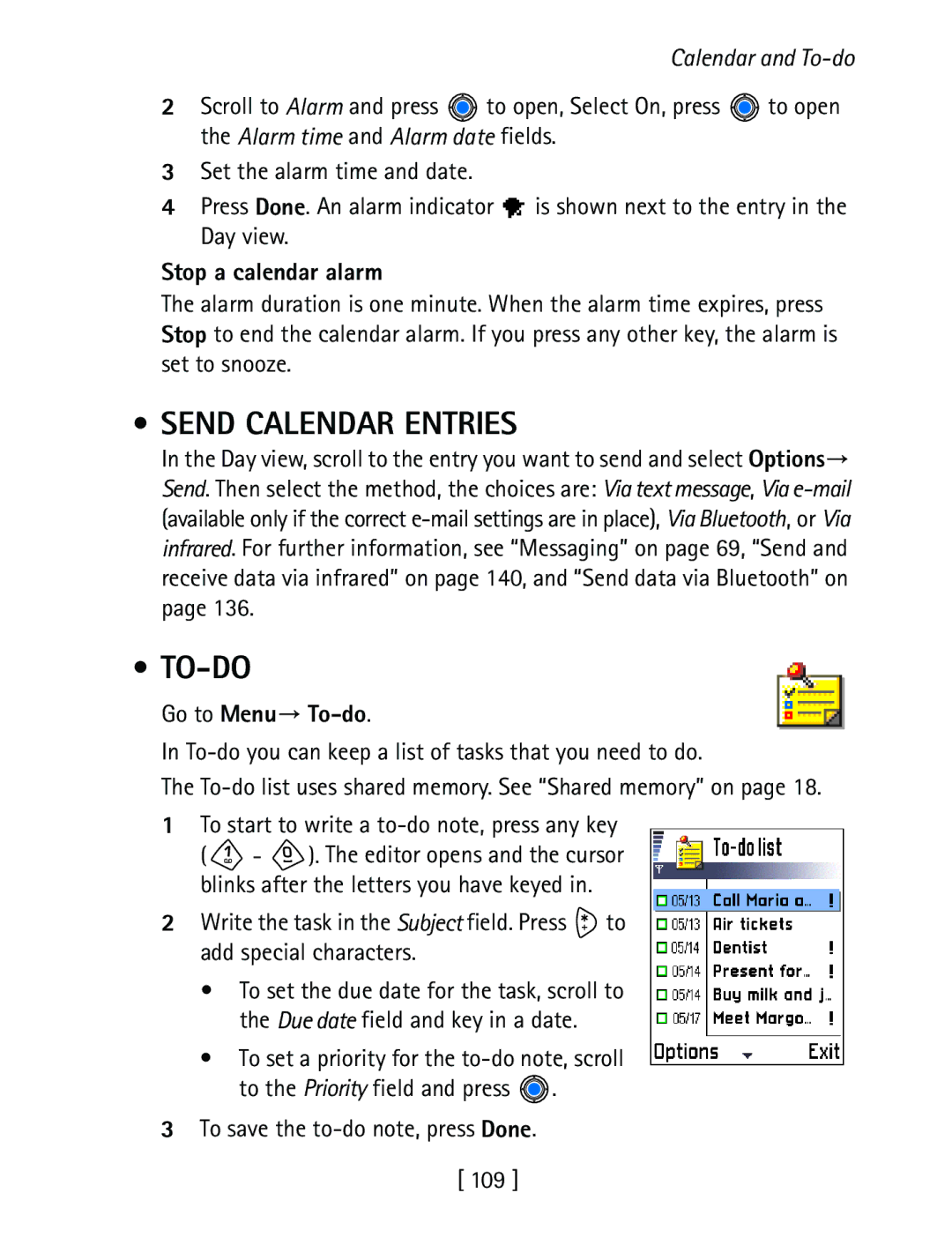 Nokia 3600 Send Calendar Entries, To-Do, Stop a calendar alarm, To start to write a to-do note, press any key 