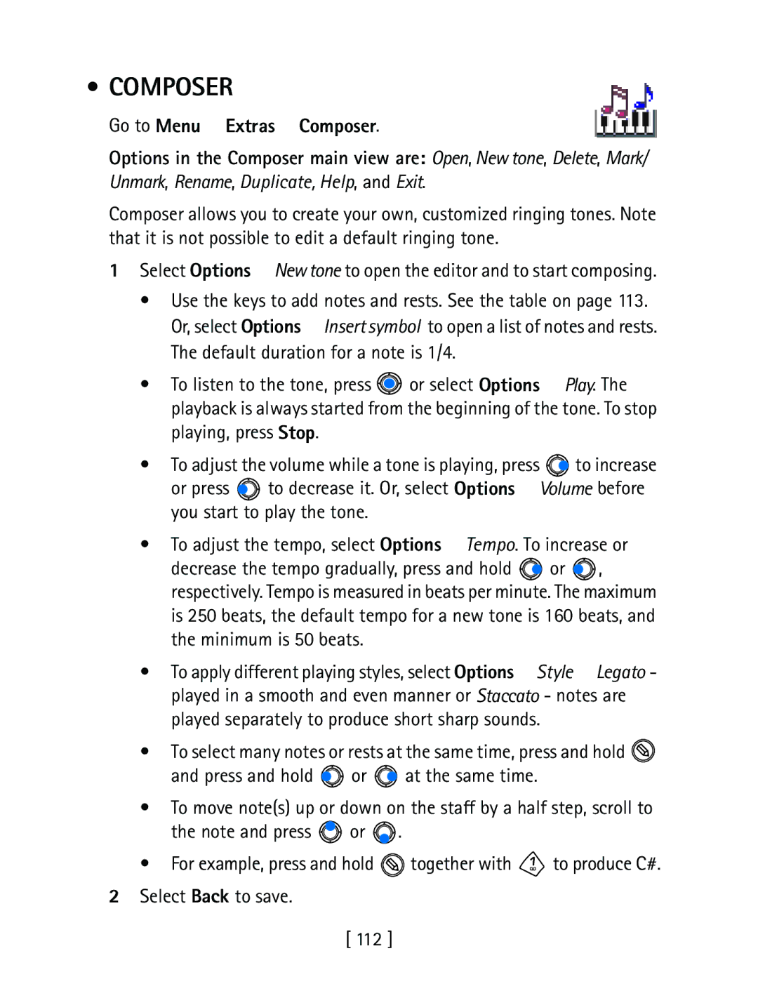 Nokia 3600 specifications Composer, Default duration for a note is 1/4 