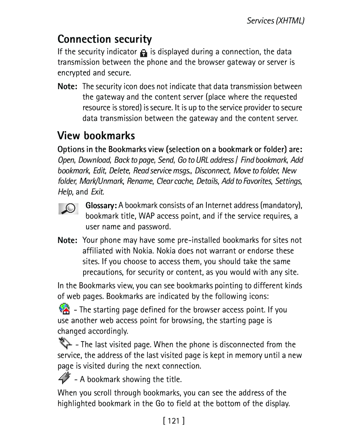 Nokia 3600 specifications Connection security, View bookmarks, 121 