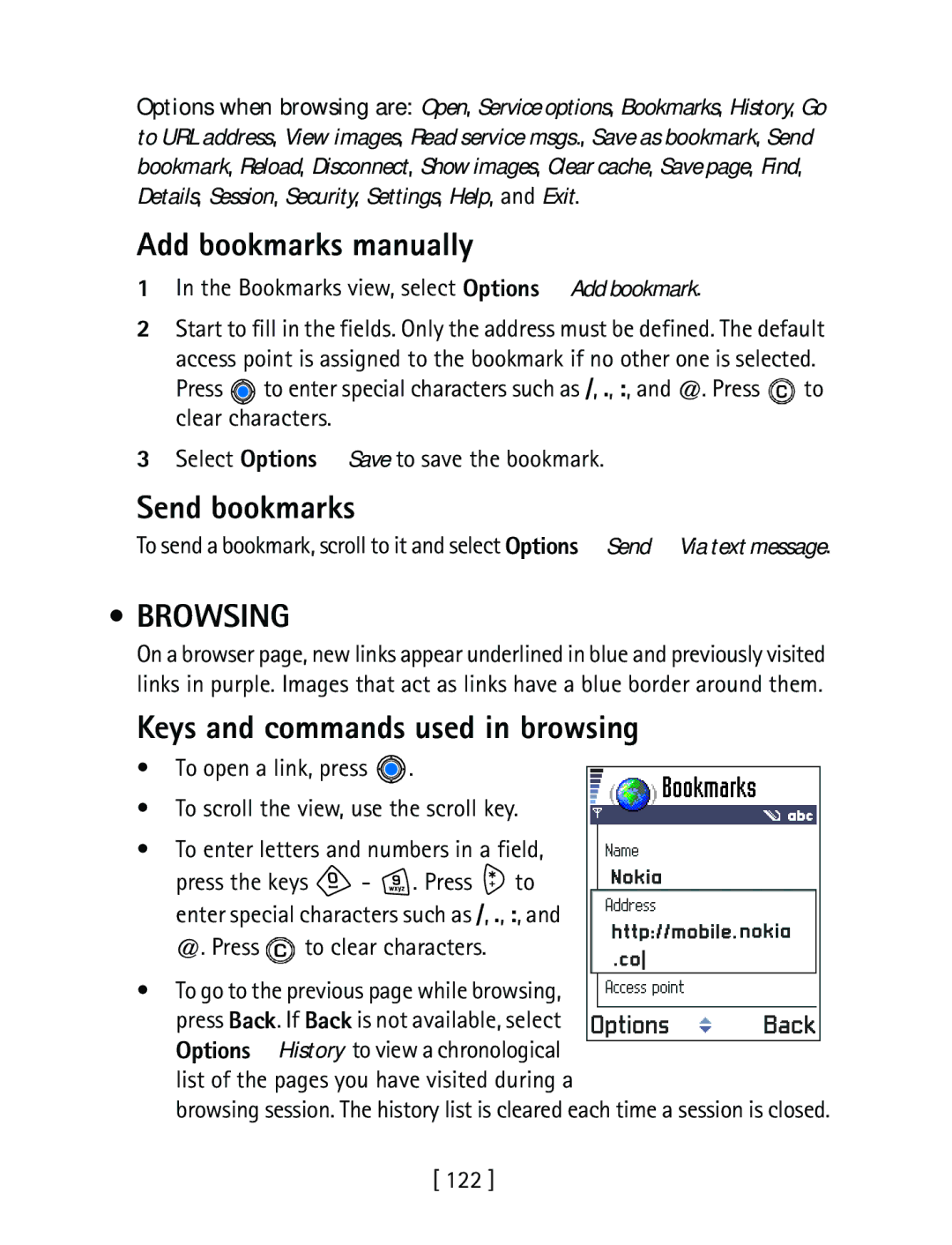 Nokia 3600 specifications Add bookmarks manually, Send bookmarks, Browsing, Keys and commands used in browsing 