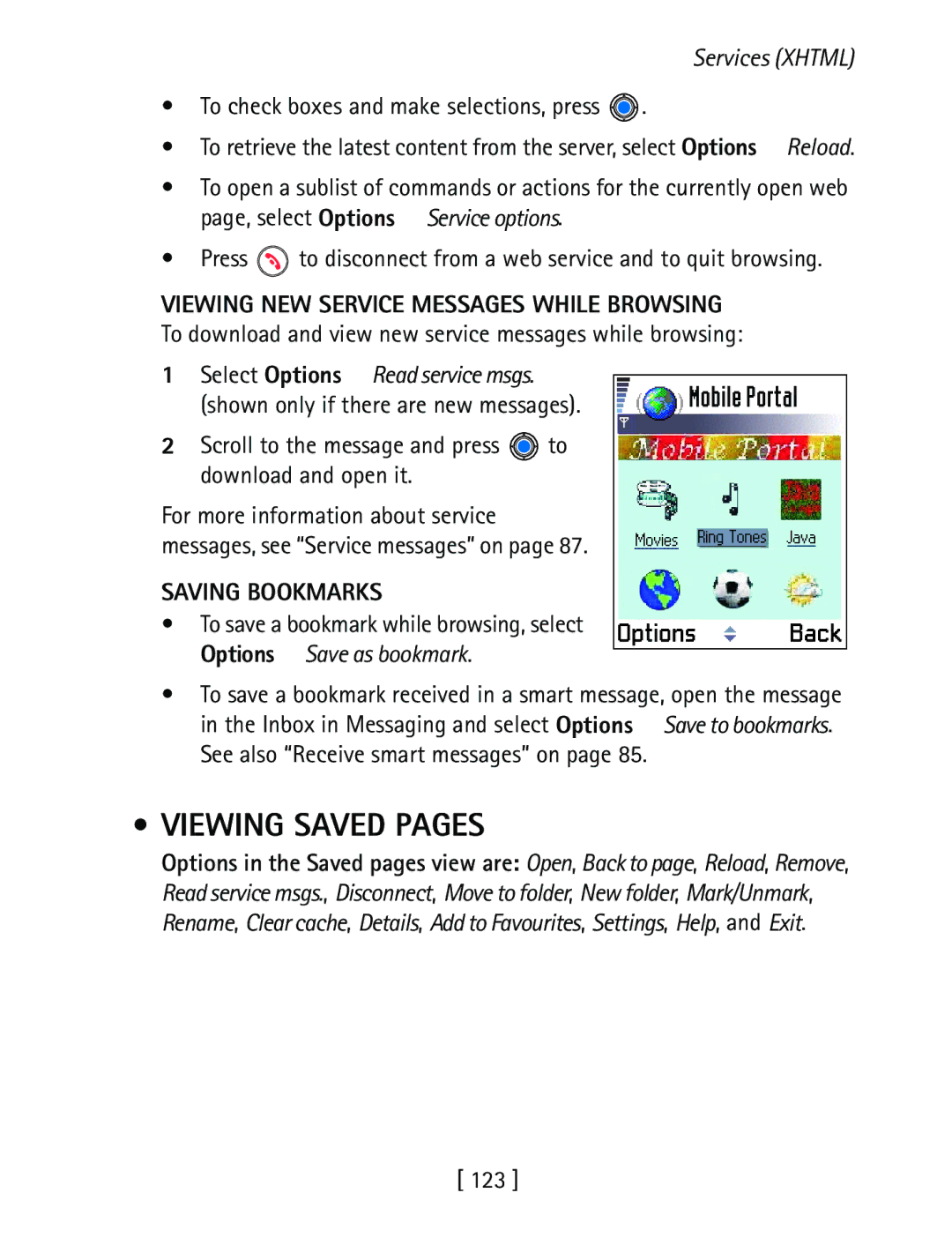 Nokia 3600 specifications Viewing Saved Pages, Viewing NEW Service Messages While Browsing, Saving Bookmarks 