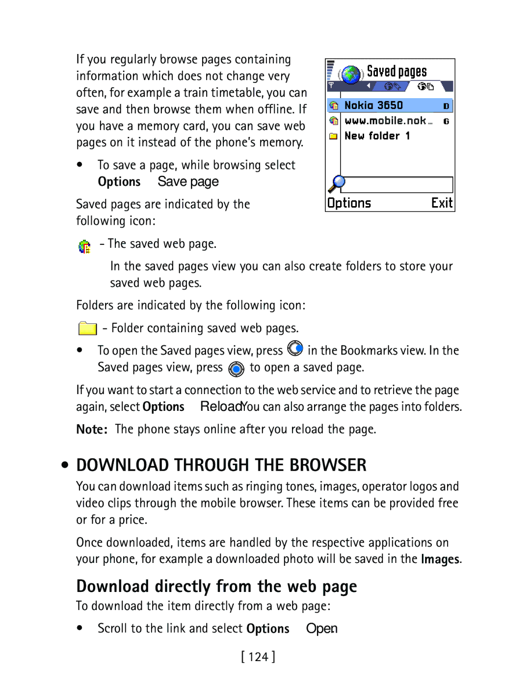 Nokia 3600 Download Through the Browser, Download directly from the web, Saved pages view, press to open a saved 