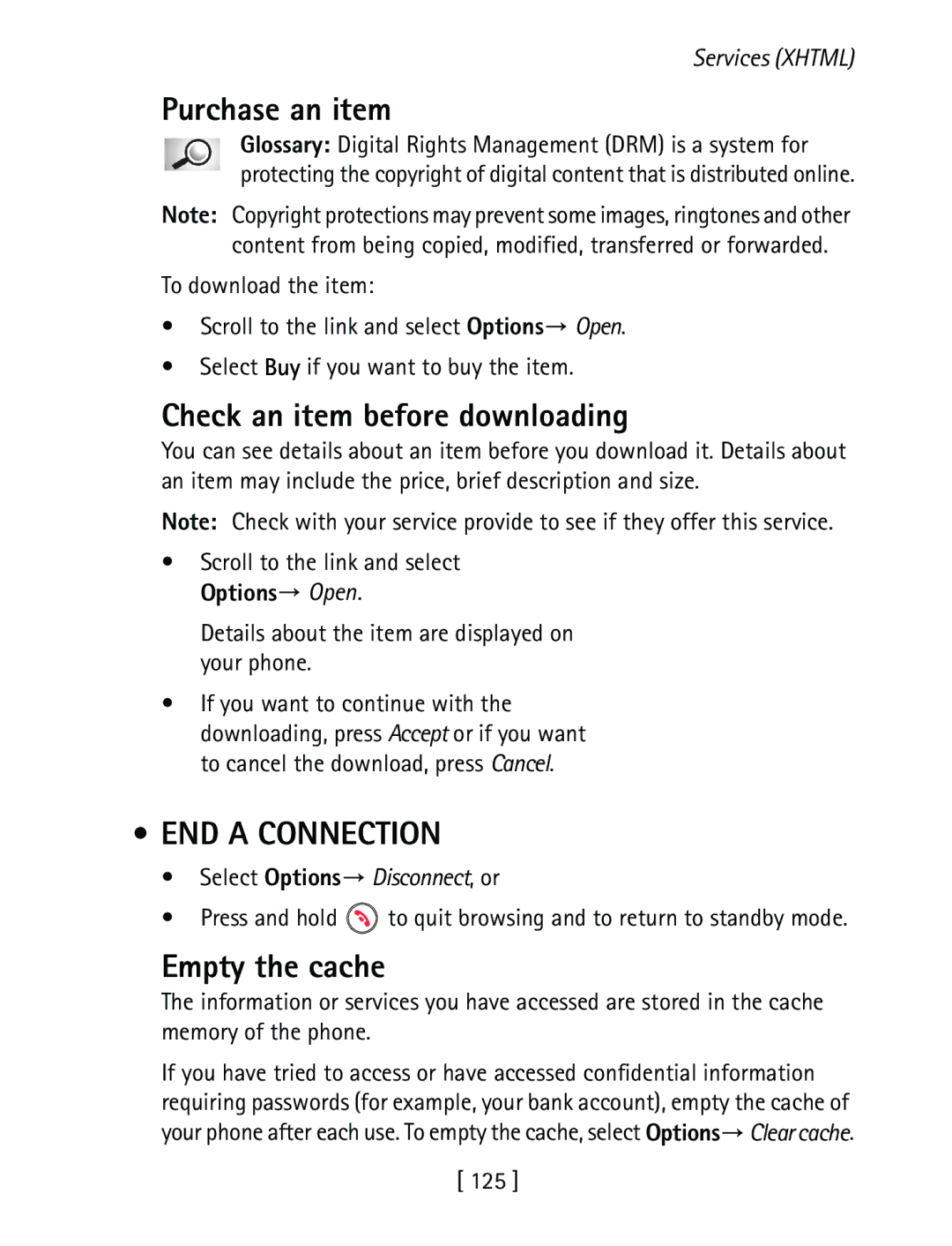 Nokia 3600 specifications Purchase an item, Check an item before downloading, END a Connection, Empty the cache, 125 