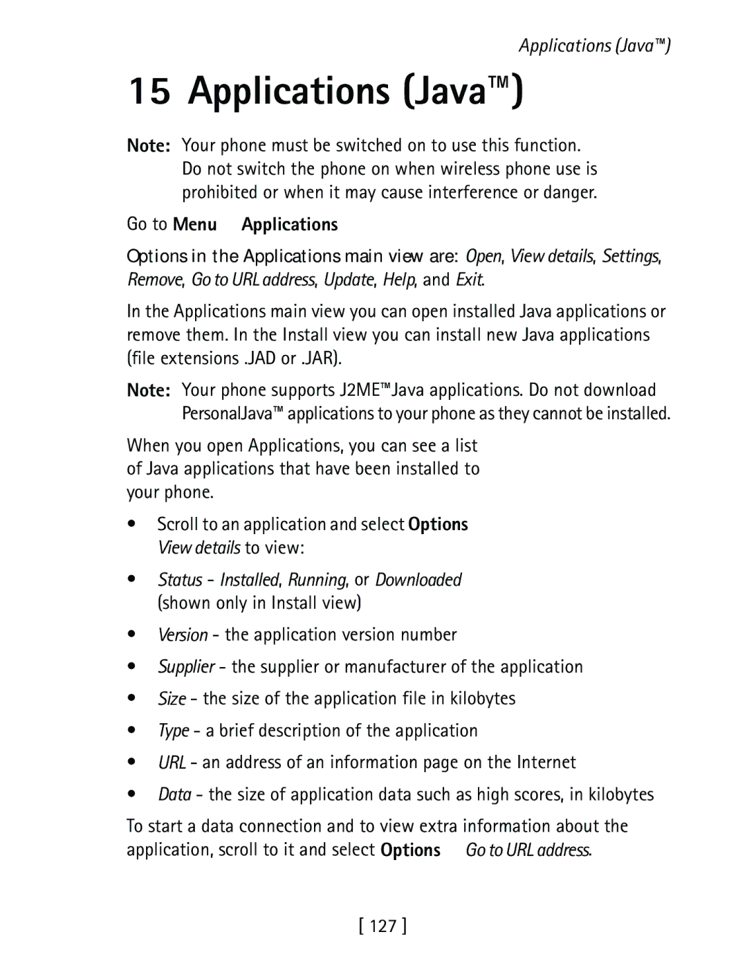 Nokia 3600 specifications Applications Java, Go to Menu→ Applications, 127 