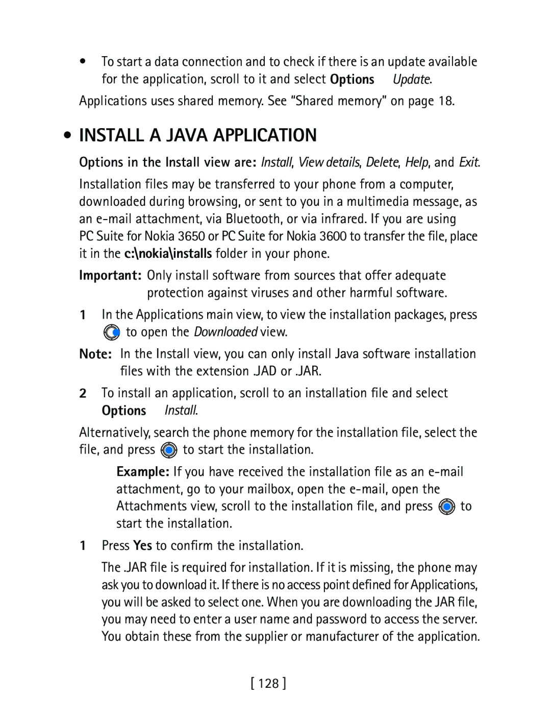 Nokia 3600 specifications Install a Java Application, Applications uses shared memory. See Shared memory on, 128 