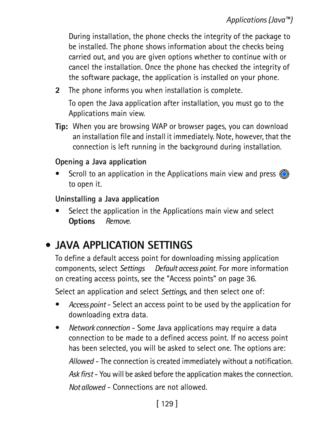 Nokia 3600 specifications Java Application Settings, Opening a Java application, Uninstalling a Java application, 129 