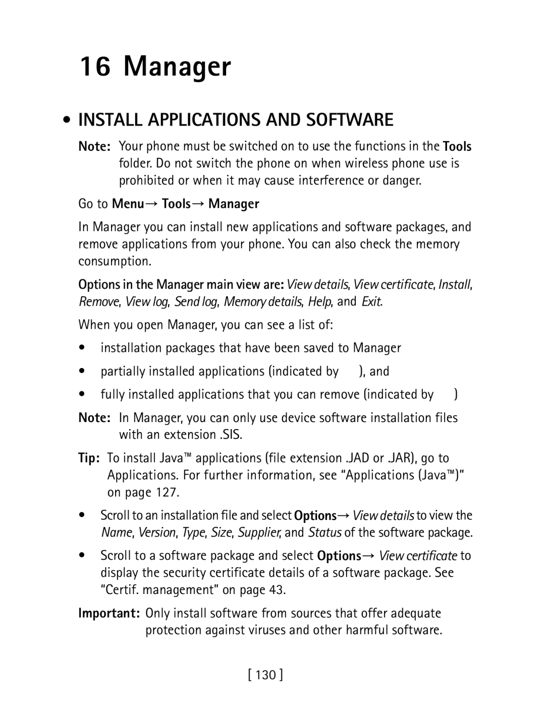 Nokia 3600 specifications Install Applications and Software, Go to Menu→ Tools→ Manager, 130 