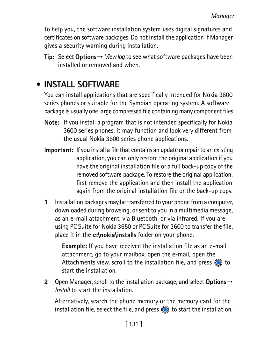 Nokia 3600 specifications Install Software, Manager 