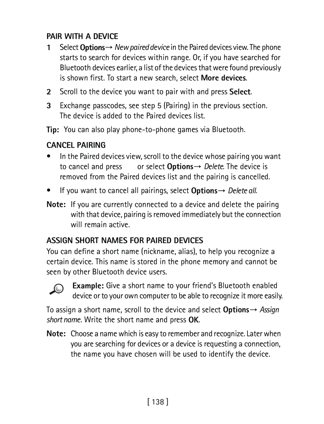 Nokia 3600 specifications Pair with a Device, Cancel Pairing, Assign Short Names for Paired Devices 