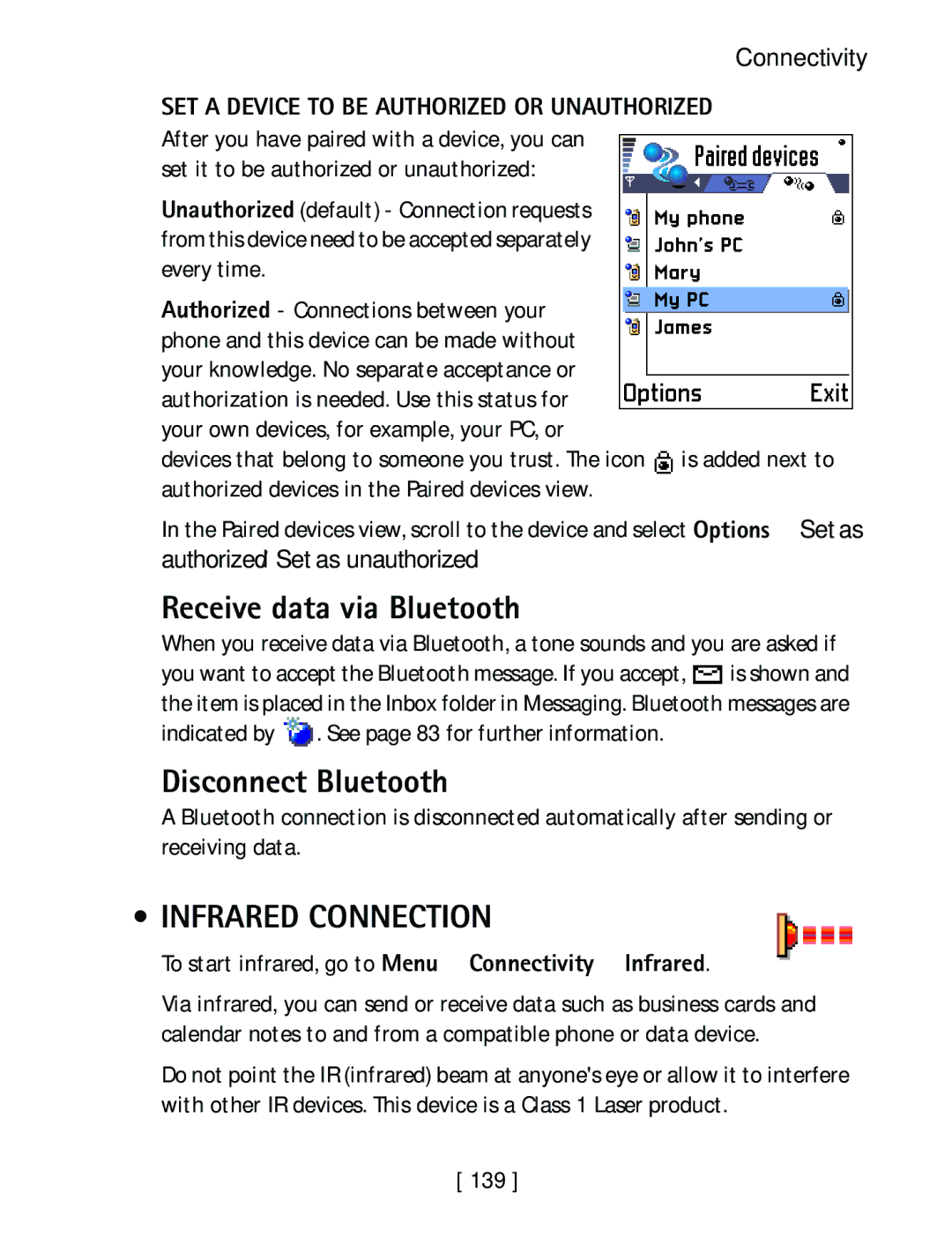 Nokia 3600 specifications Receive data via Bluetooth, Disconnect Bluetooth, Infrared Connection 