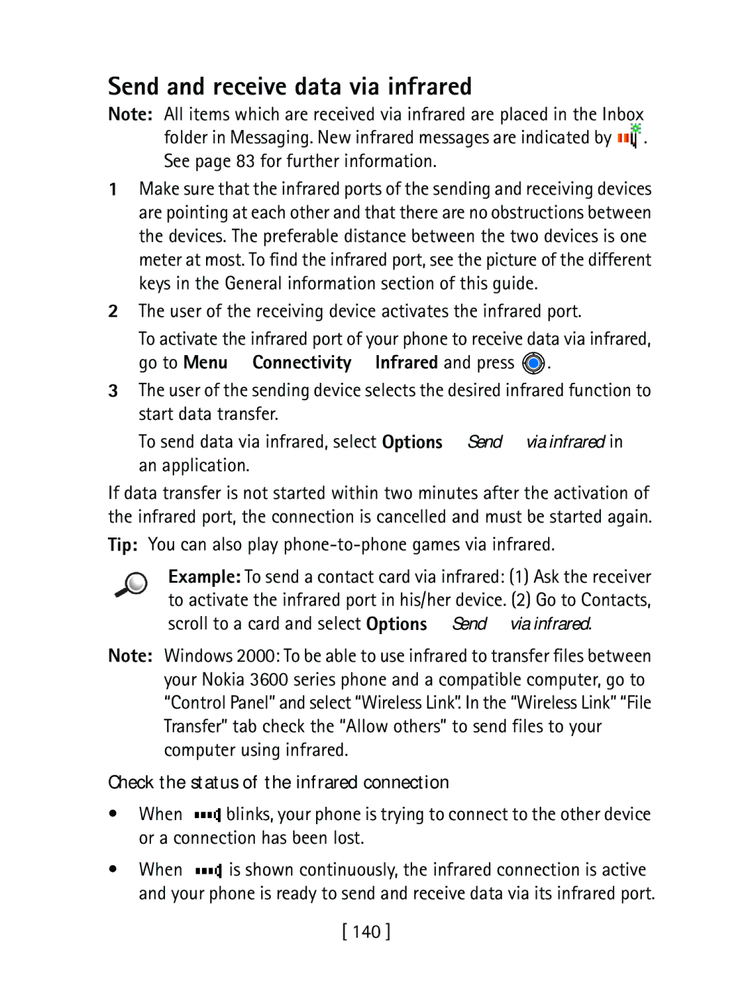 Nokia 3600 specifications Send and receive data via infrared, User of the receiving device activates the infrared port, 140 