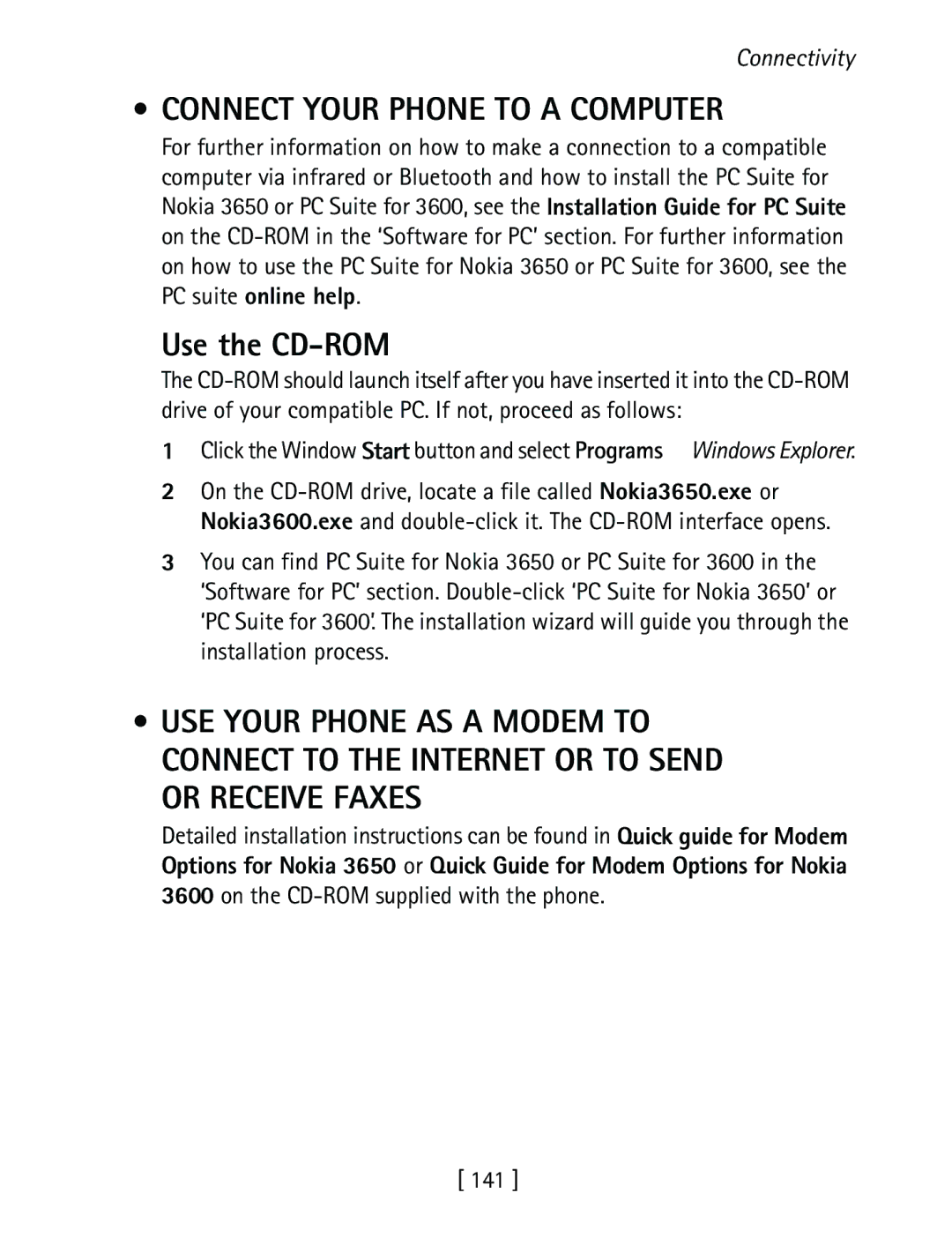 Nokia 3600 specifications Connect Your Phone to a Computer, Use the CD-ROM, On the CD-ROM supplied with the phone 141 