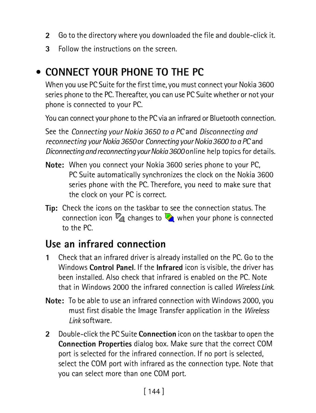 Nokia 3600 specifications Connect Your Phone to the PC, Use an infrared connection, 144 