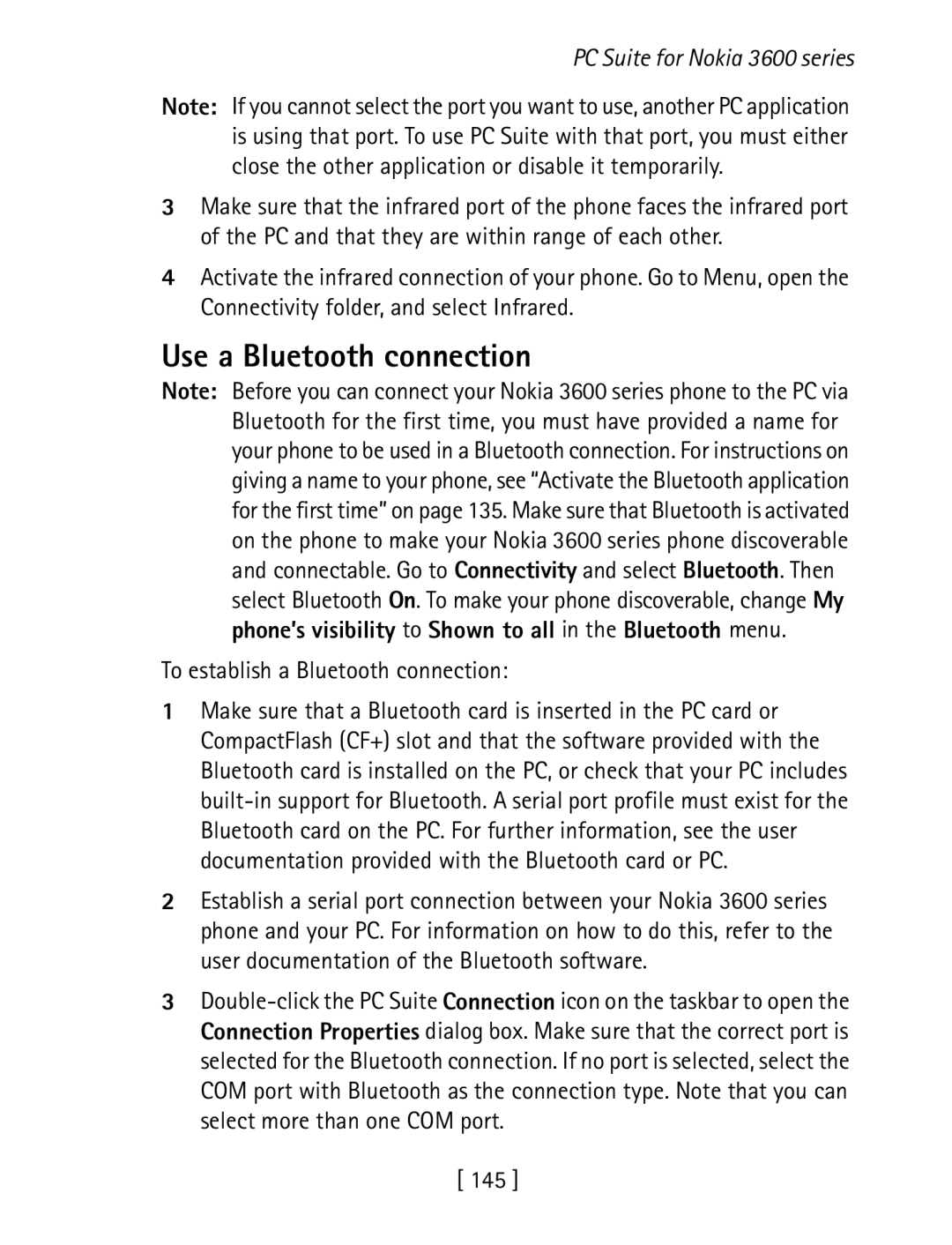 Nokia 3600 specifications Use a Bluetooth connection, To establish a Bluetooth connection, 145 