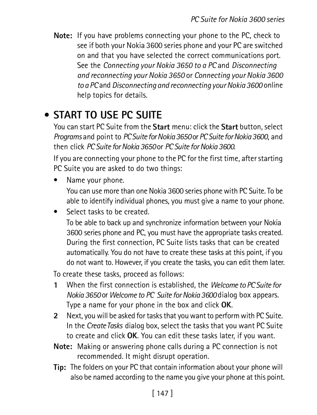 Nokia 3600 specifications Start to USE PC Suite, Select tasks to be created, To create these tasks, proceed as follows, 147 