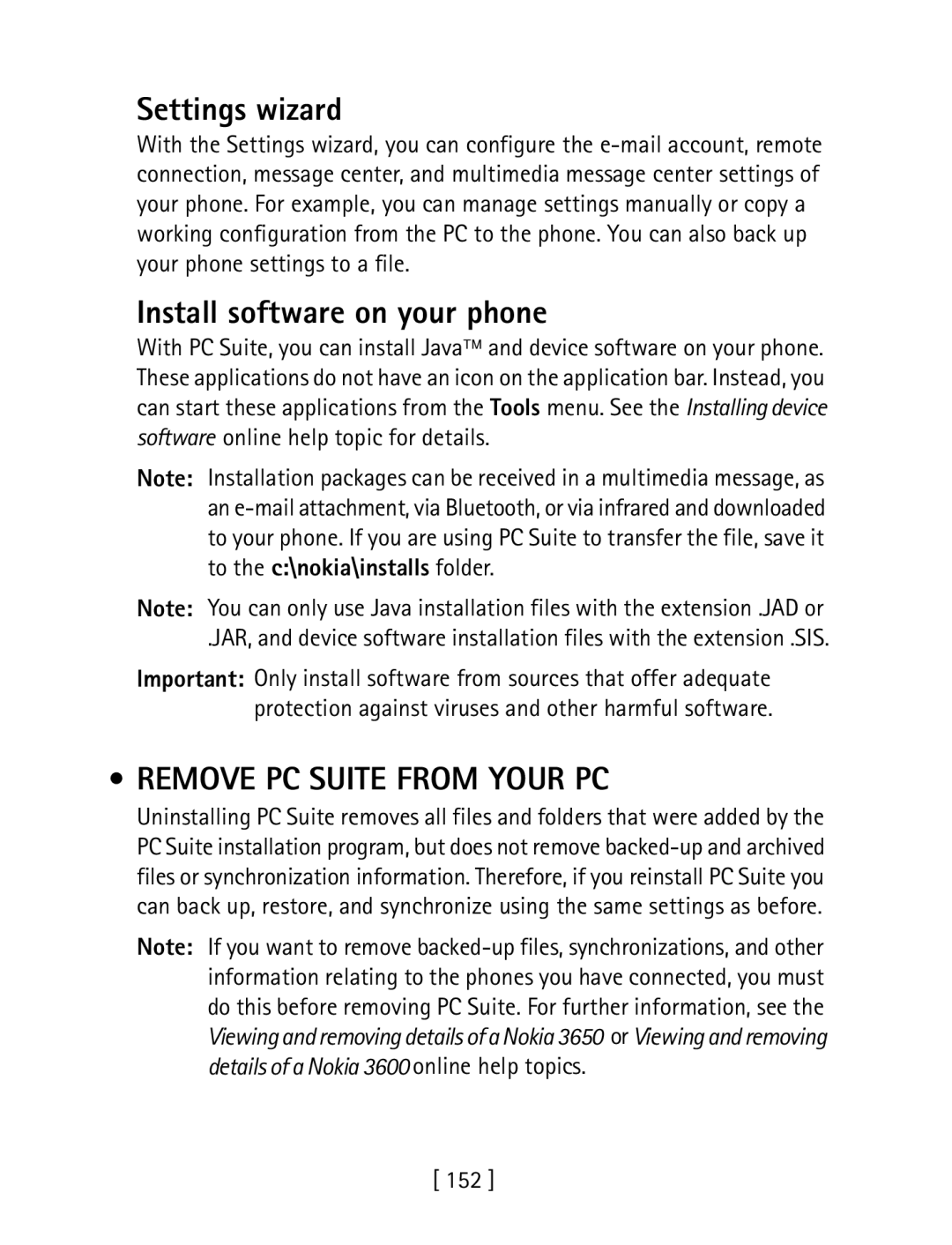 Nokia 3600 specifications Settings wizard, Install software on your phone, Remove PC Suite from Your PC, 152 