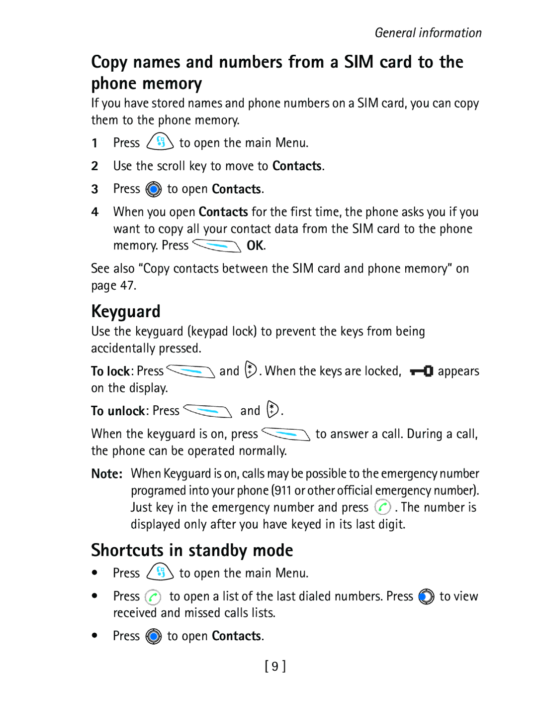 Nokia 3600 specifications Copy names and numbers from a SIM card to the phone memory, Keyguard, Shortcuts in standby mode 