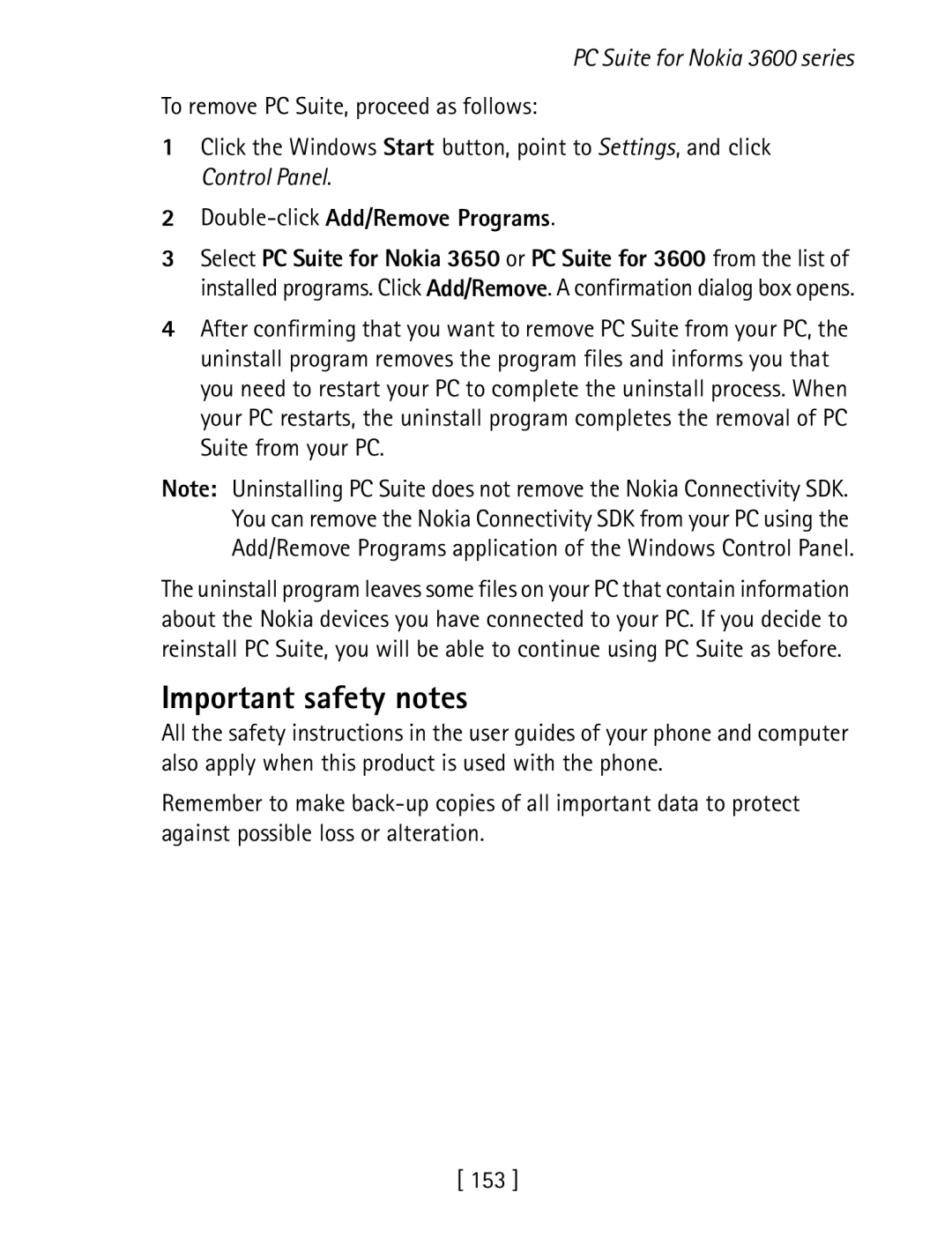 Nokia 3600 specifications Important safety notes, Double-clickAdd/Remove Programs 