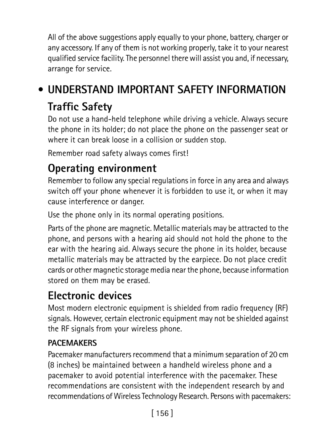 Nokia 3600 Understand Important Safety Information, Traffic Safety, Operating environment, Electronic devices, Pacemakers 