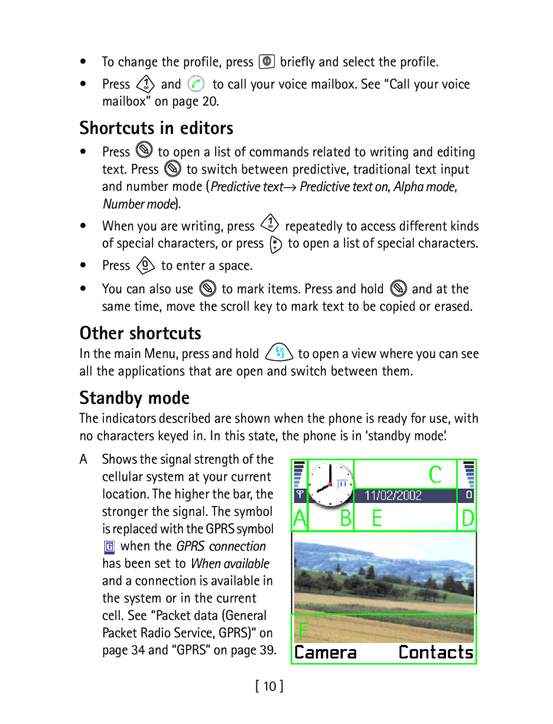 Nokia 3600 specifications Shortcuts in editors, Other shortcuts, Standby mode, Number mode, Press to enter a space 