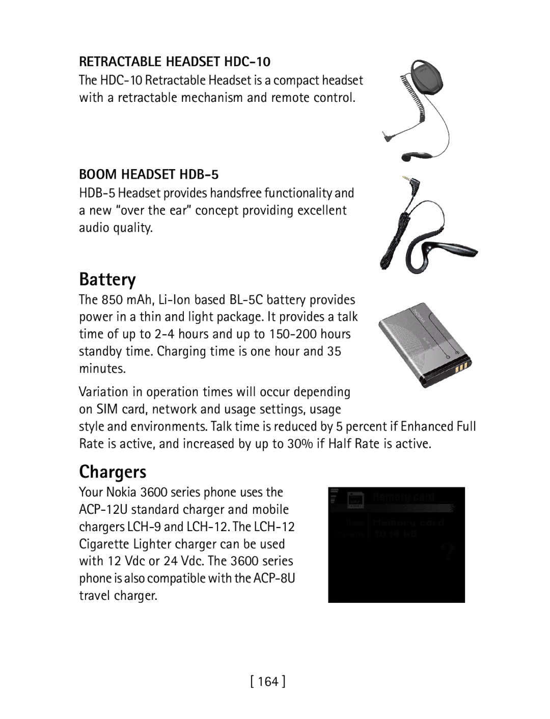 Nokia 3600 specifications Battery, Chargers, Retractable Headset HDC-10, Boom Headset HDB-5 