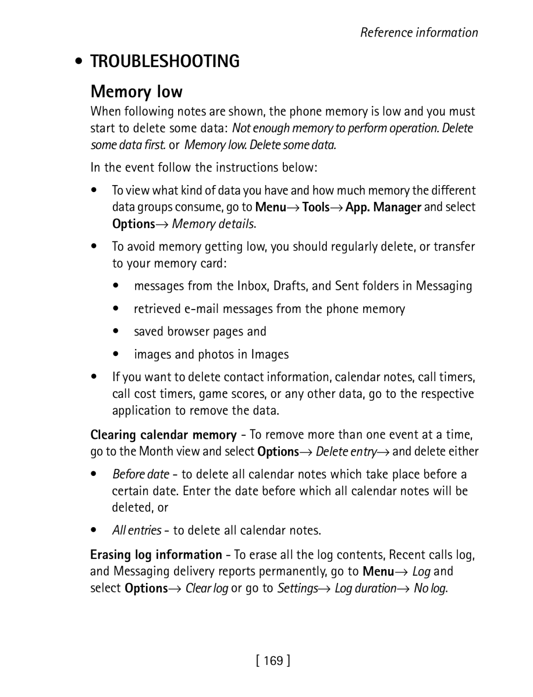Nokia 3600 specifications Troubleshooting, Memory low, 169 