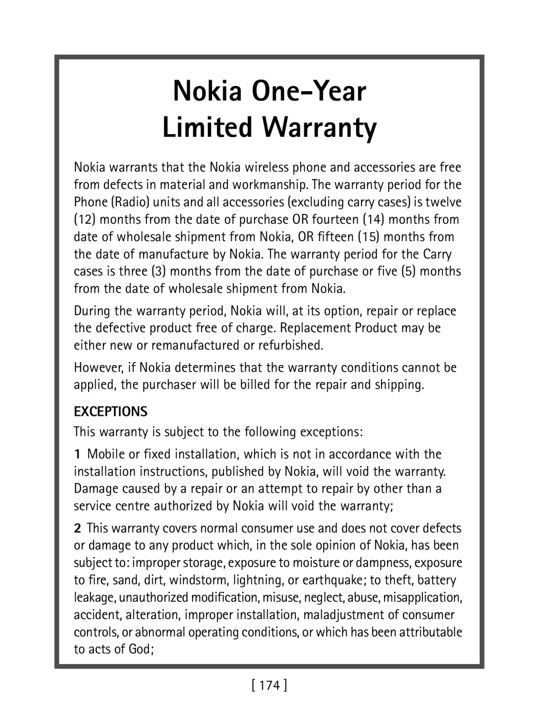 Nokia 3600 Nokia One-Year Limited Warranty, Exceptions, This warranty is subject to the following exceptions, 174 