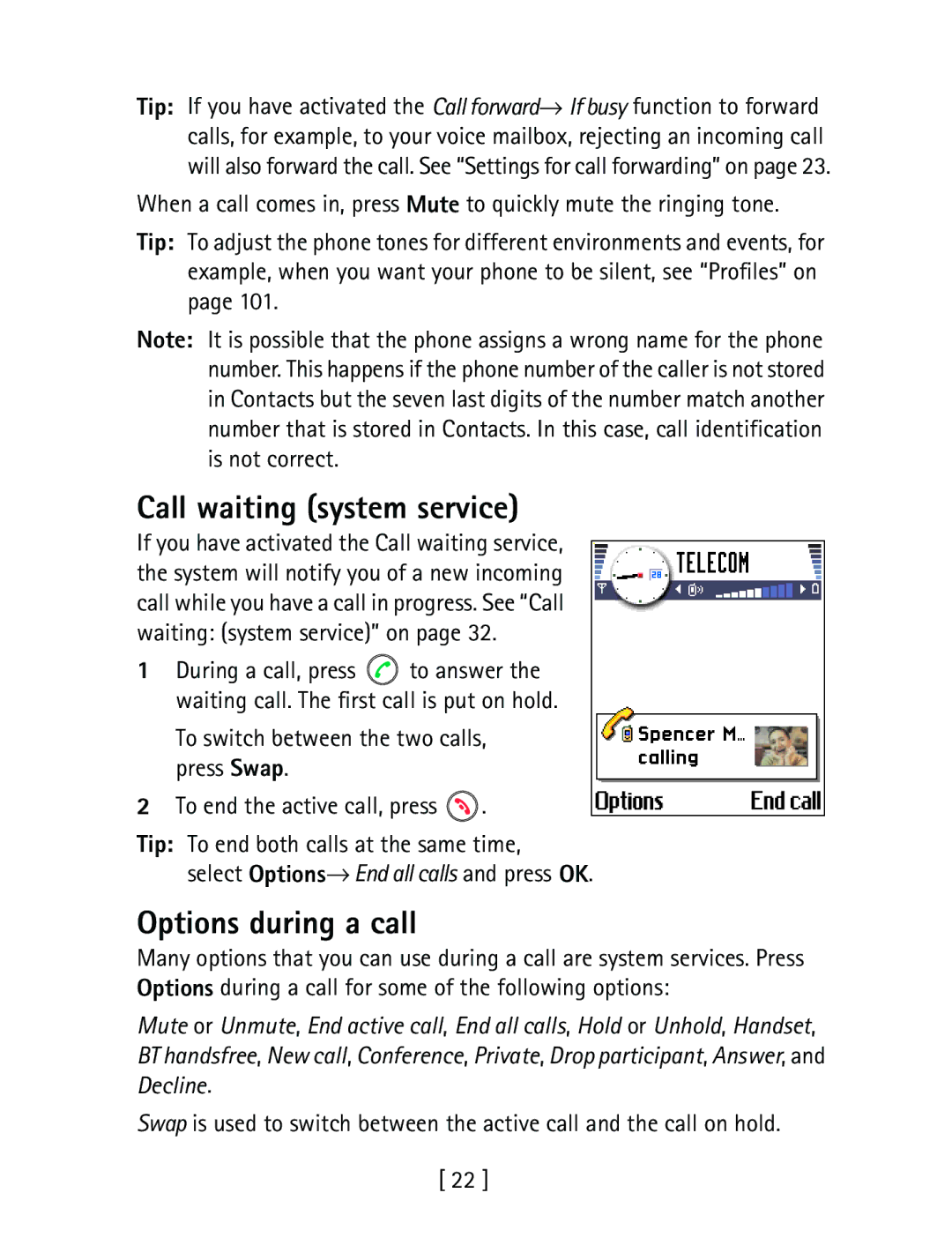 Nokia 3600 specifications Call waiting system service, Options during a call 