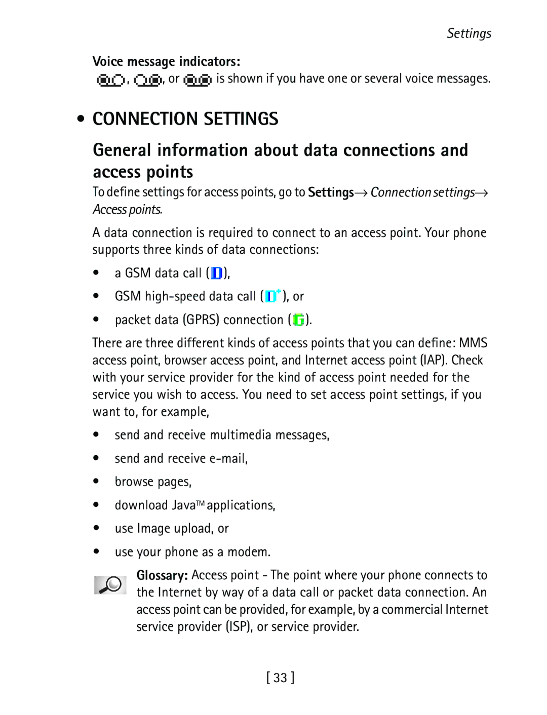 Nokia 3600 Connection Settings, General information about data connections Access points, Voice message indicators 