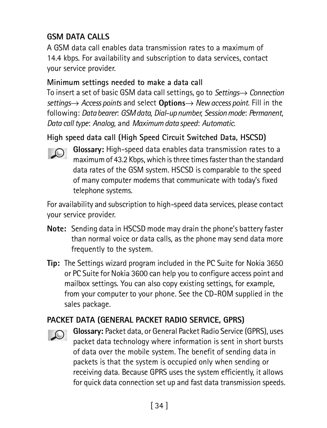 Nokia 3600 GSM Data Calls, Minimum settings needed to make a data call, Packet Data General Packet Radio SERVICE, Gprs 