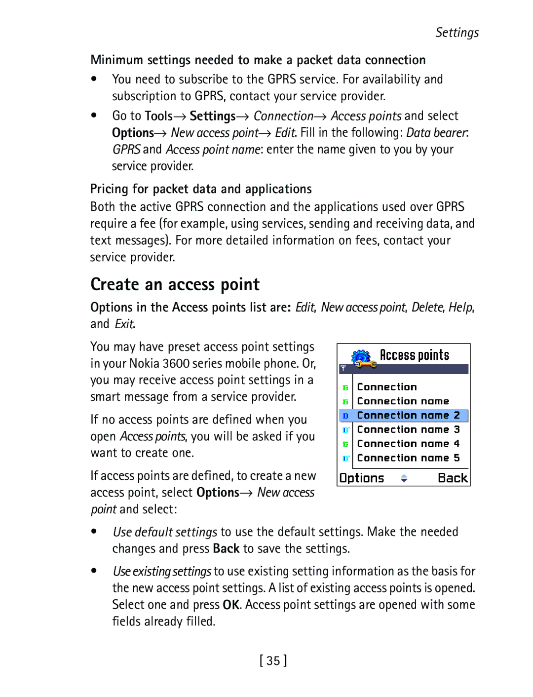 Nokia 3600 specifications Create an access point, Minimum settings needed to make a packet data connection 