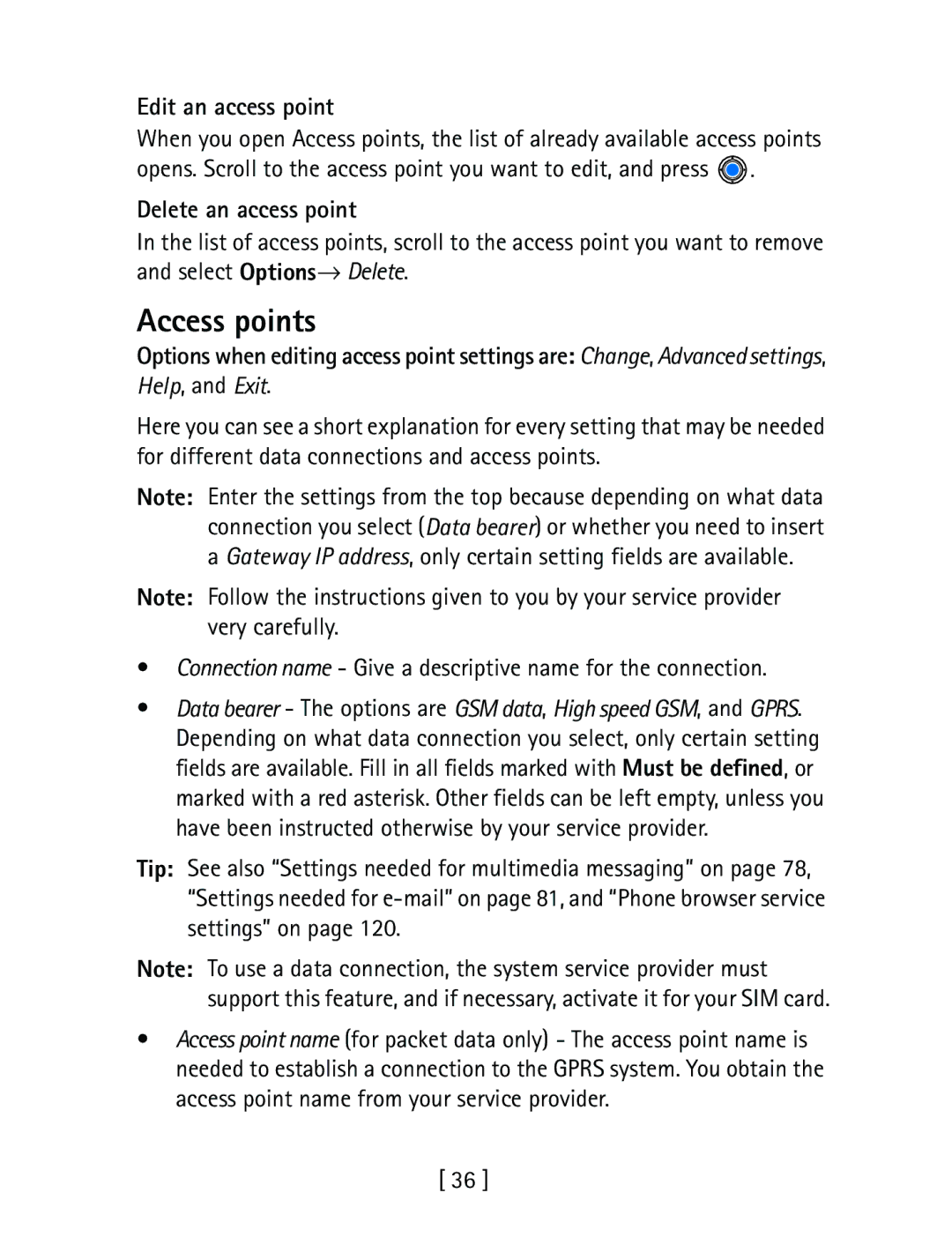 Nokia 3600 specifications Edit an access point, Delete an access point 