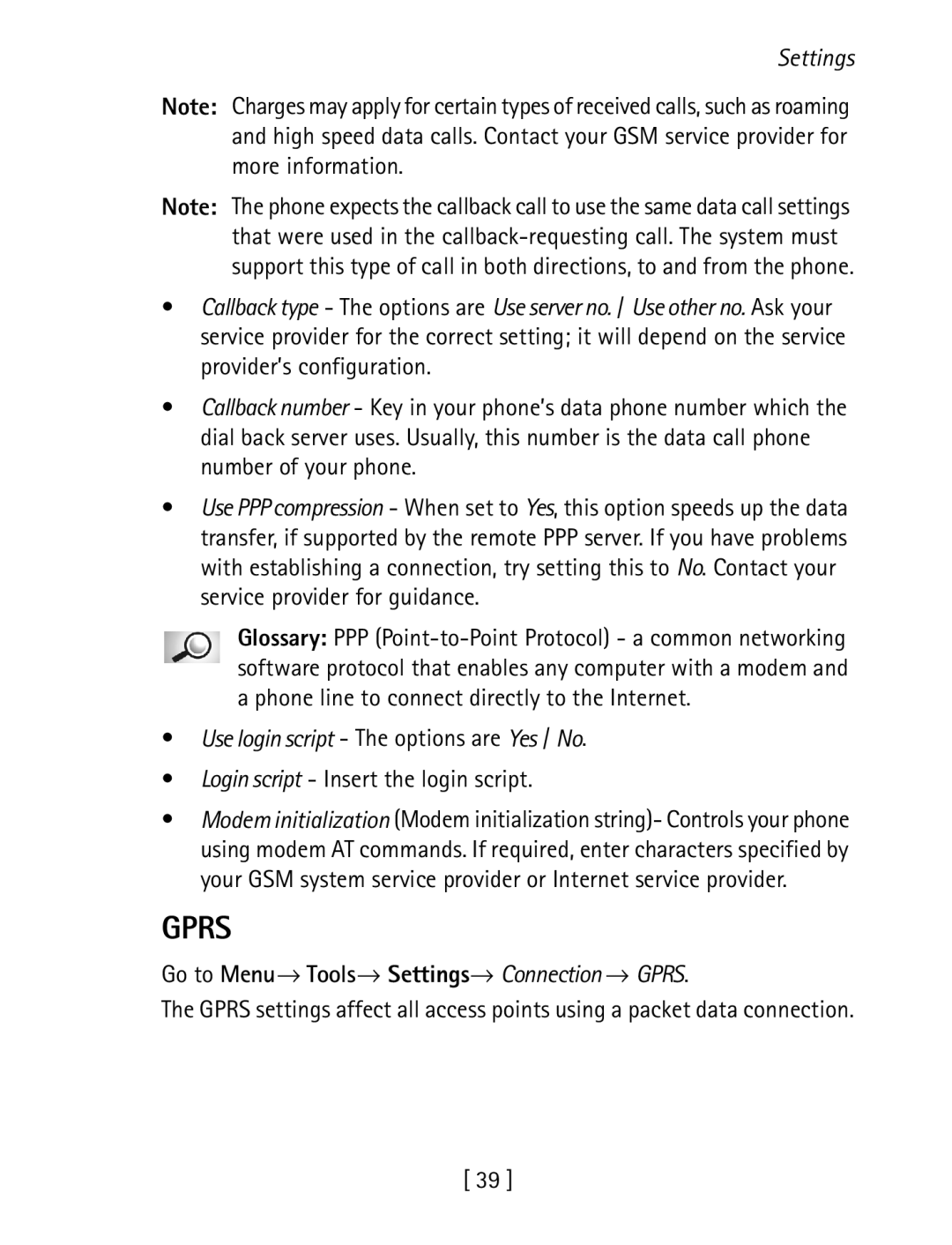 Nokia 3600 specifications Gprs, Use login script The options are Yes / No, Login script Insert the login script 