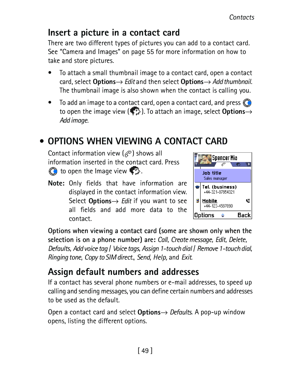 Nokia 3600 Insert a picture in a contact card, Options When Viewing a Contact Card, Assign default numbers and addresses 