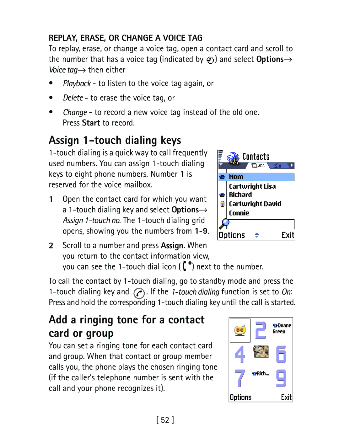 Nokia 3600 specifications Assign 1-touch dialing keys, Add a ringing tone for a contact card or group 