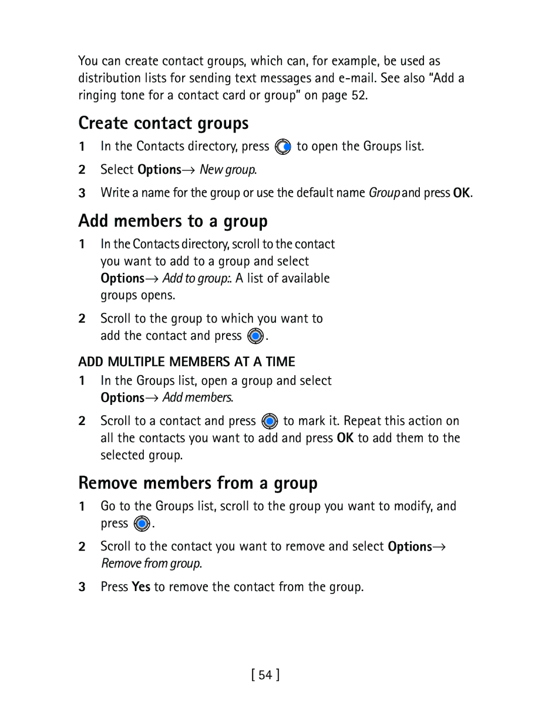 Nokia 3600 Create contact groups, Add members to a group, Remove members from a group, ADD Multiple Members AT a Time 