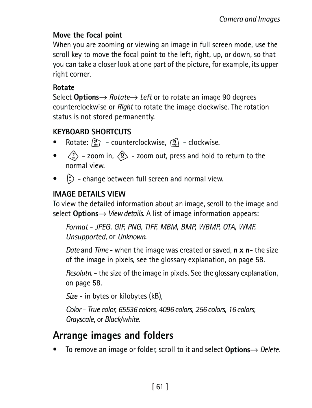 Nokia 3600 specifications Arrange images and folders, Move the focal point, Rotate, Keyboard Shortcuts, Image Details View 