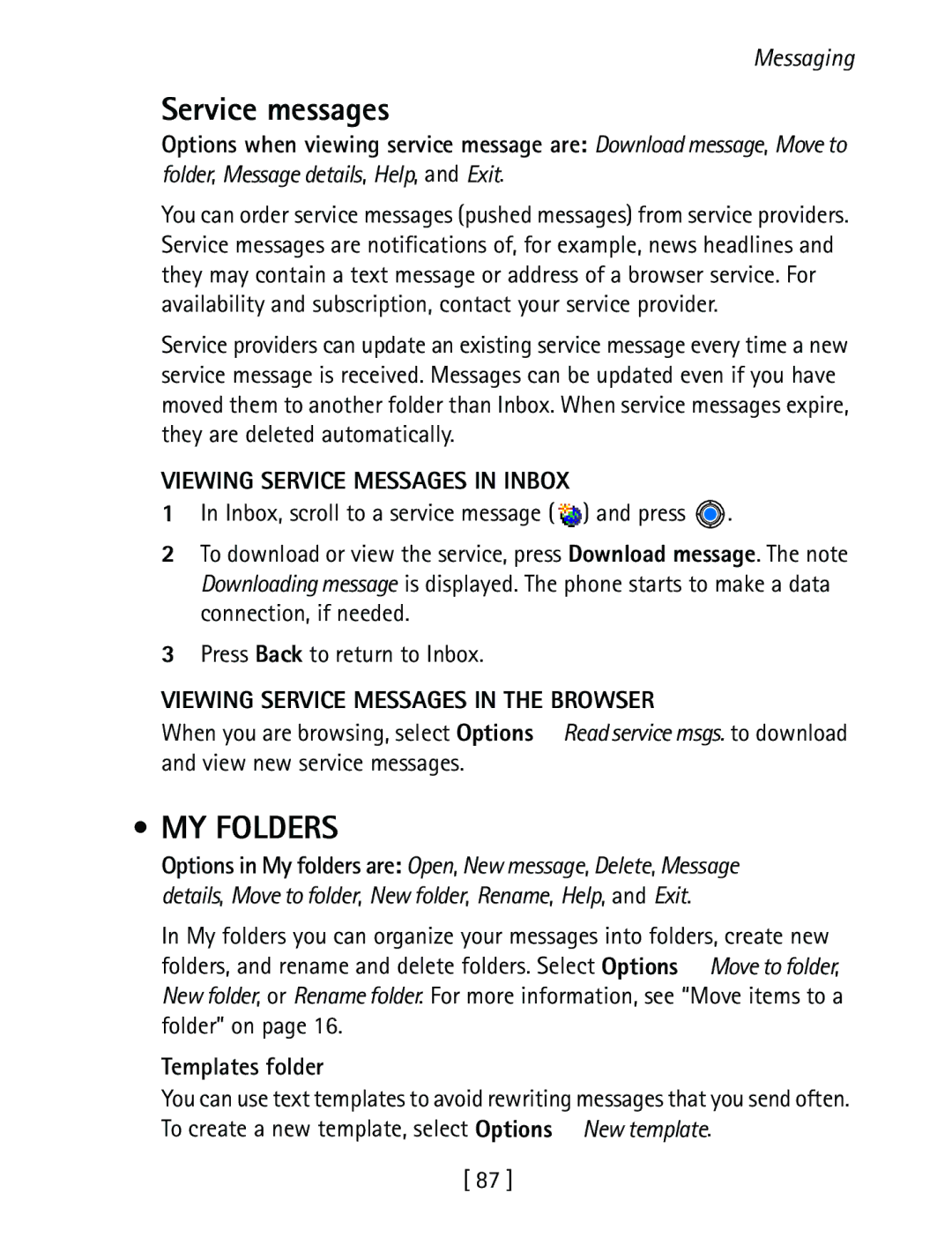 Nokia 3600 Service messages, MY Folders, Viewing Service Messages in Inbox, Viewing Service Messages in the Browser 