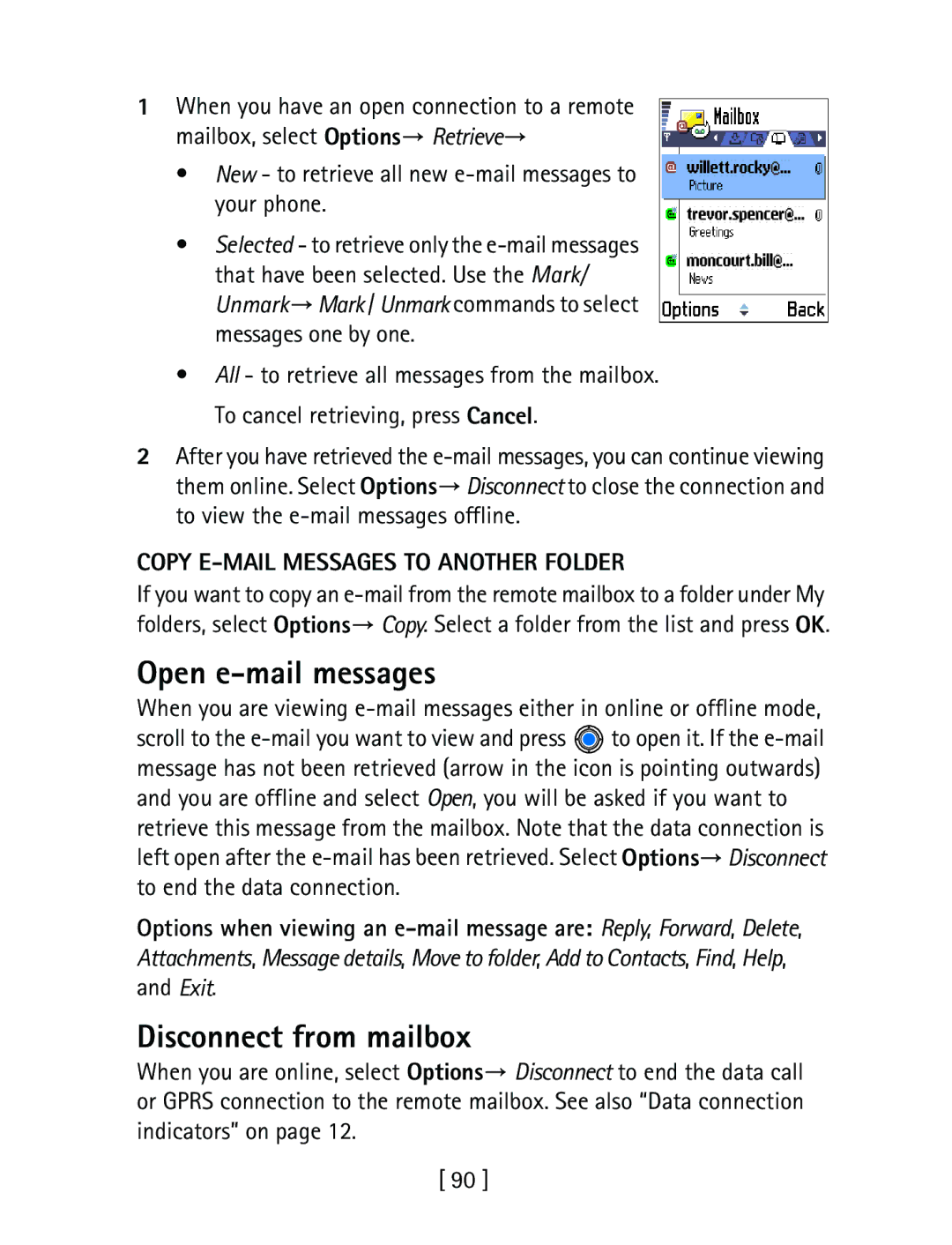 Nokia 3600 specifications Open e-mail messages, Disconnect from mailbox, To view the e-mail messages offline 