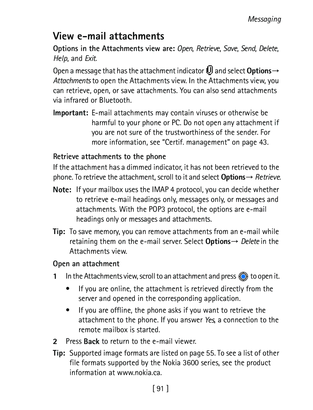 Nokia 3600 specifications View e-mail attachments, Retrieve attachments to the phone, Open an attachment 