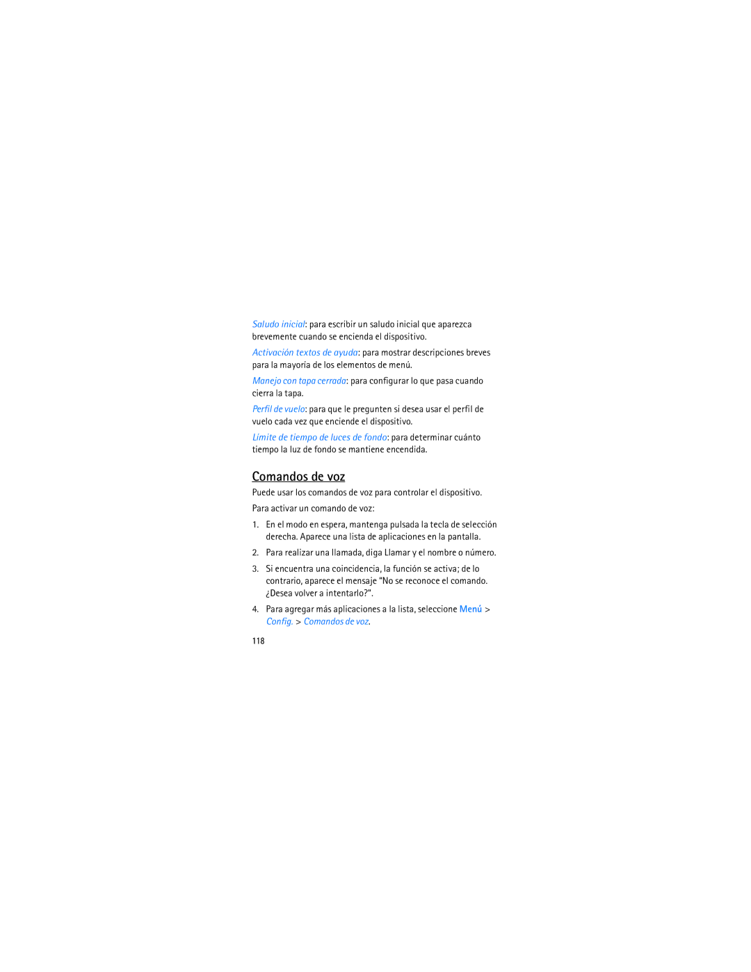 Nokia 3606 manual Comandos de voz, Para activar un comando de voz, 118 