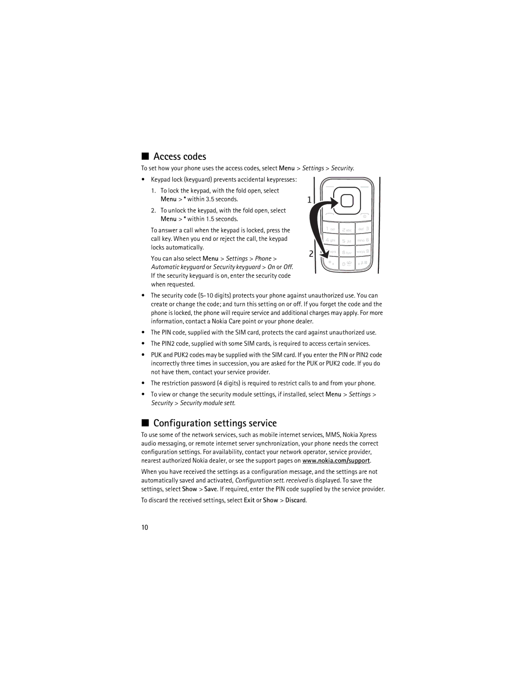 Nokia 3610 manual Access codes, Configuration settings service 