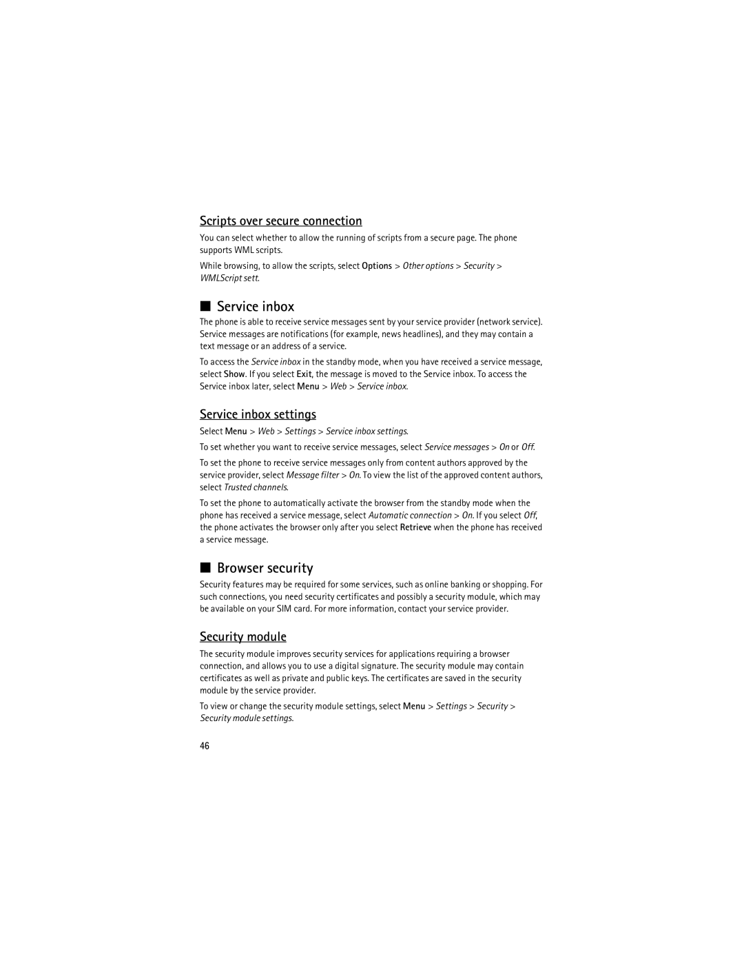 Nokia 3610 manual Browser security, Scripts over secure connection, Service inbox settings, Security module 