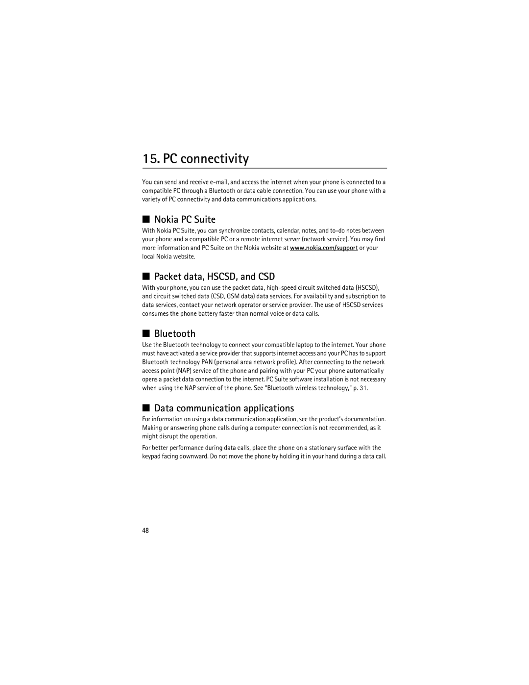 Nokia 3610 manual PC connectivity, Nokia PC Suite Packet data, HSCSD, and CSD, Bluetooth, Data communication applications 